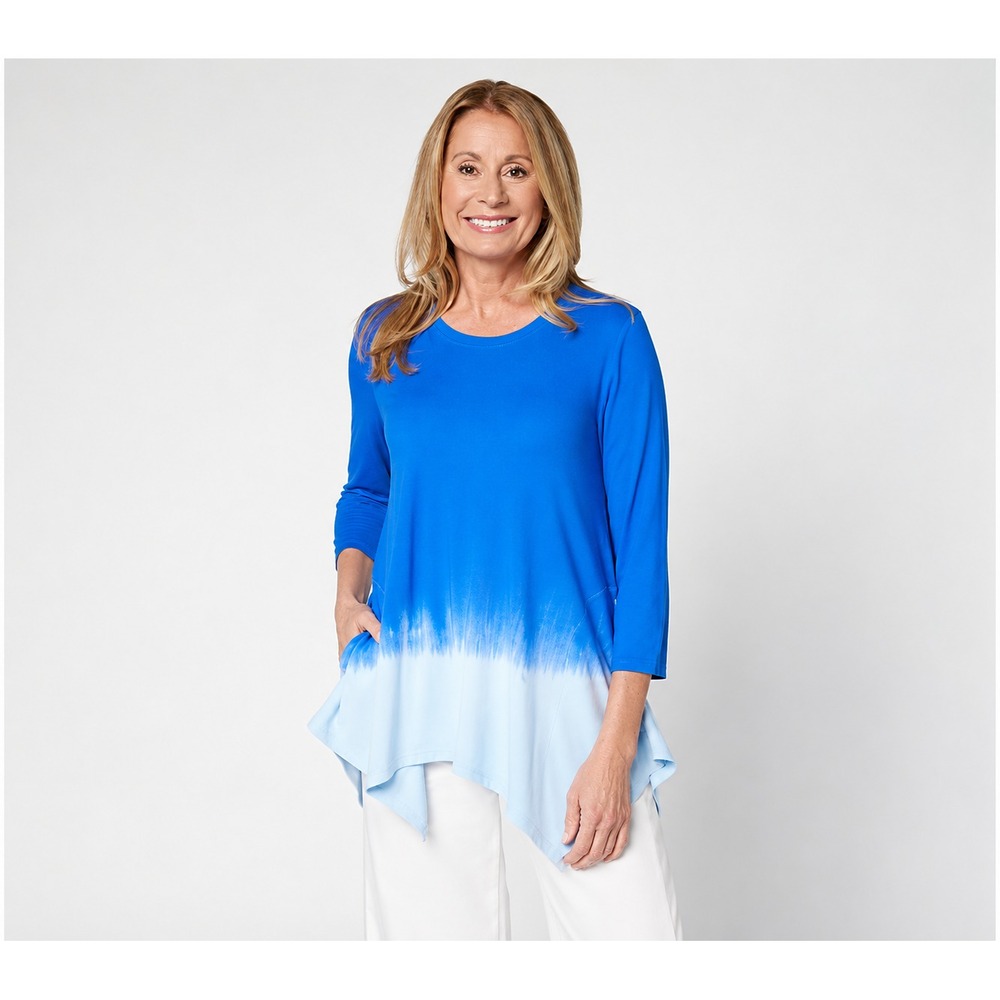 LOGO by Lori Goldstein Petite Dye Effect Scoop Neck 3/4 Tee Blue, Petite Medium